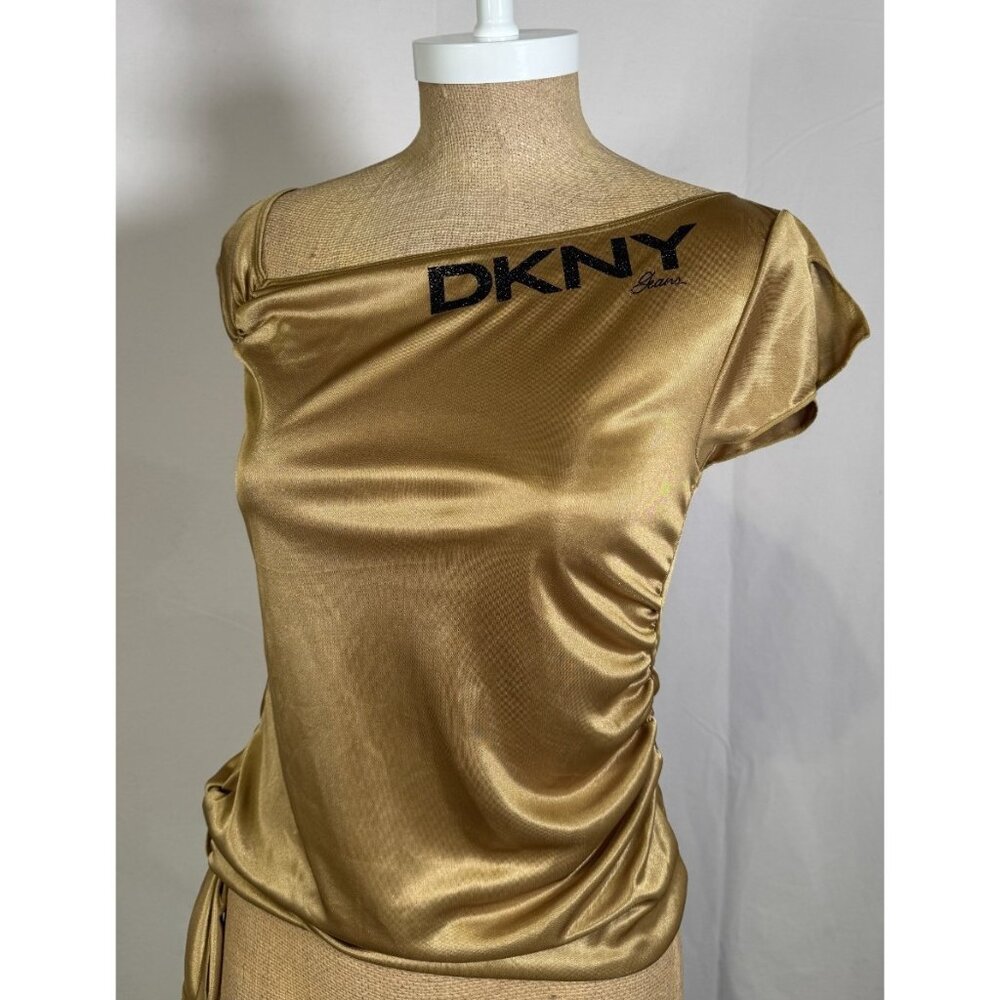 Vintage Y2K DKNY Jeans Gold Metallic Logo Embroidered Blouse Disco Top Sz S